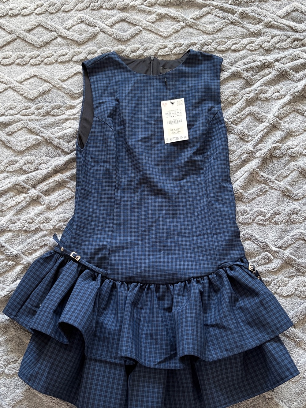 Zara Navy Plaid Tiered Peplum Dress